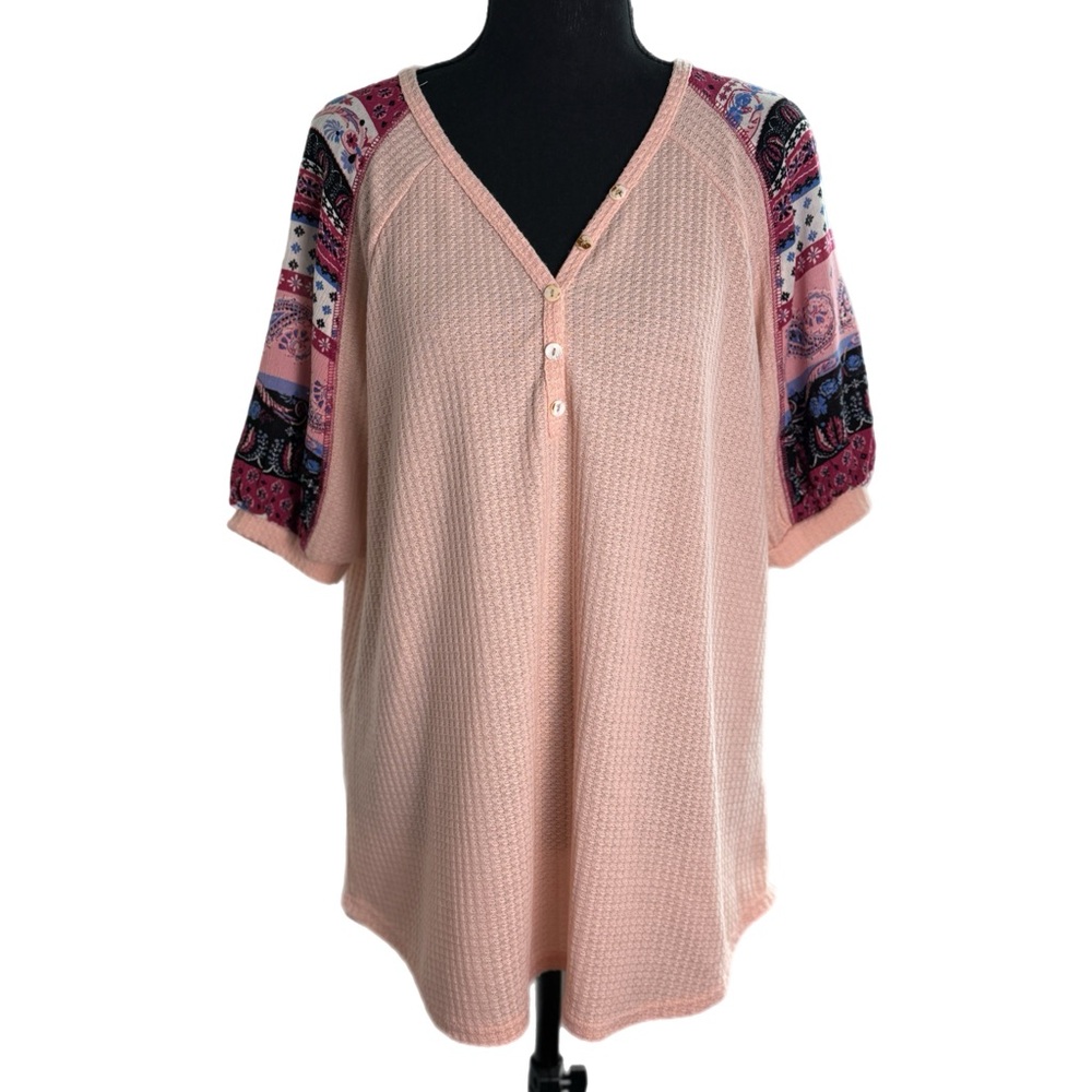 White Birch Pink Waffle Knit Top Floral Patterned Sleeves Boho Boutique Blouse